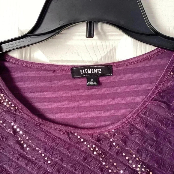 ELEMENTZ  Beautiful Plum Purple Scalloped Accent Gold Sequin Size Small - Picture 3 of 5
